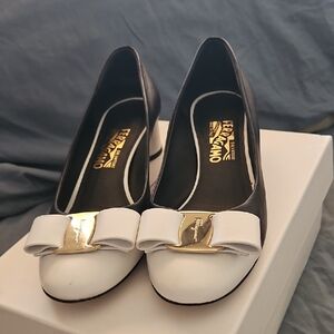 Salvatore Ferragamo Black and White Heels with Gold Accent